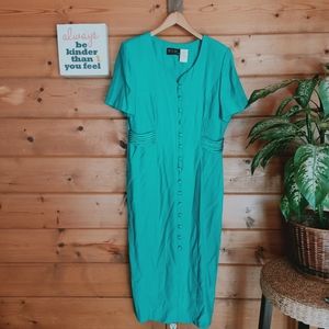 MHM Melissa Harper 💜Vintage Maxi Dress Teal Button Down Sheath Pads Lined Sz 12